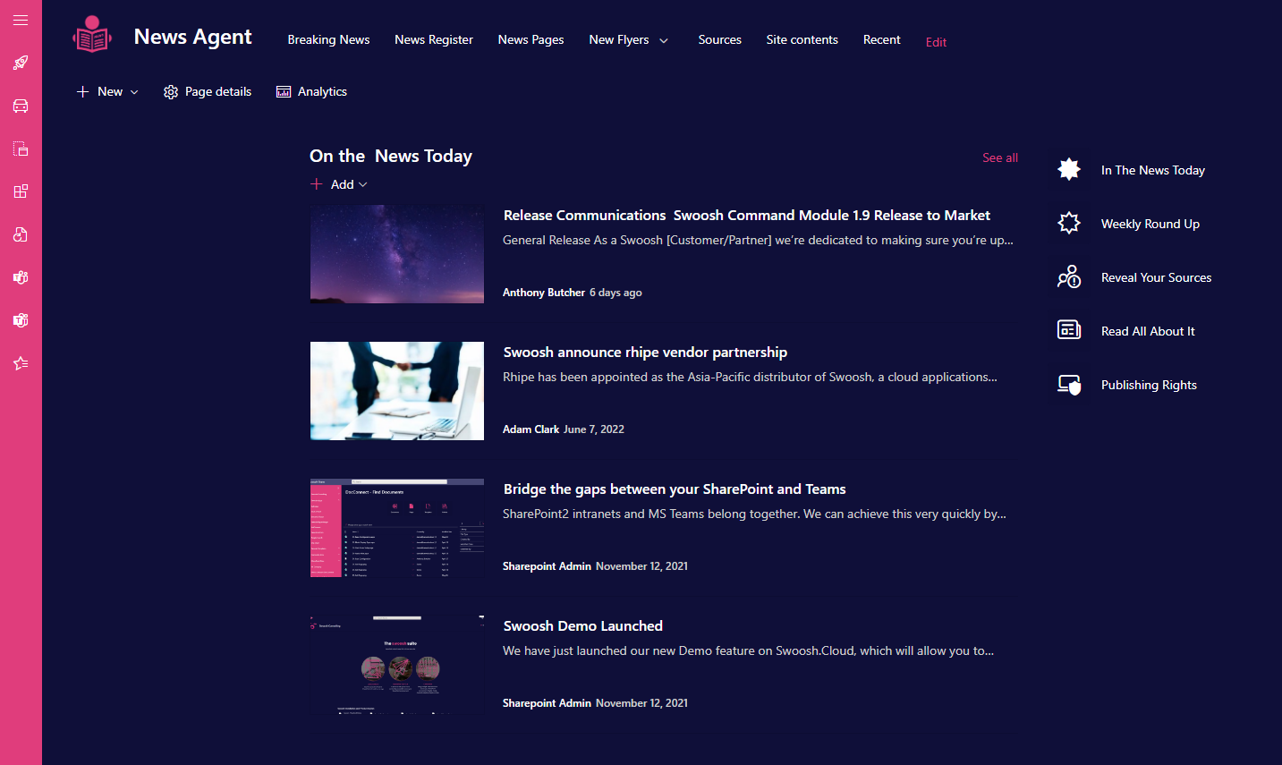 News Agent SharePoint site homepage